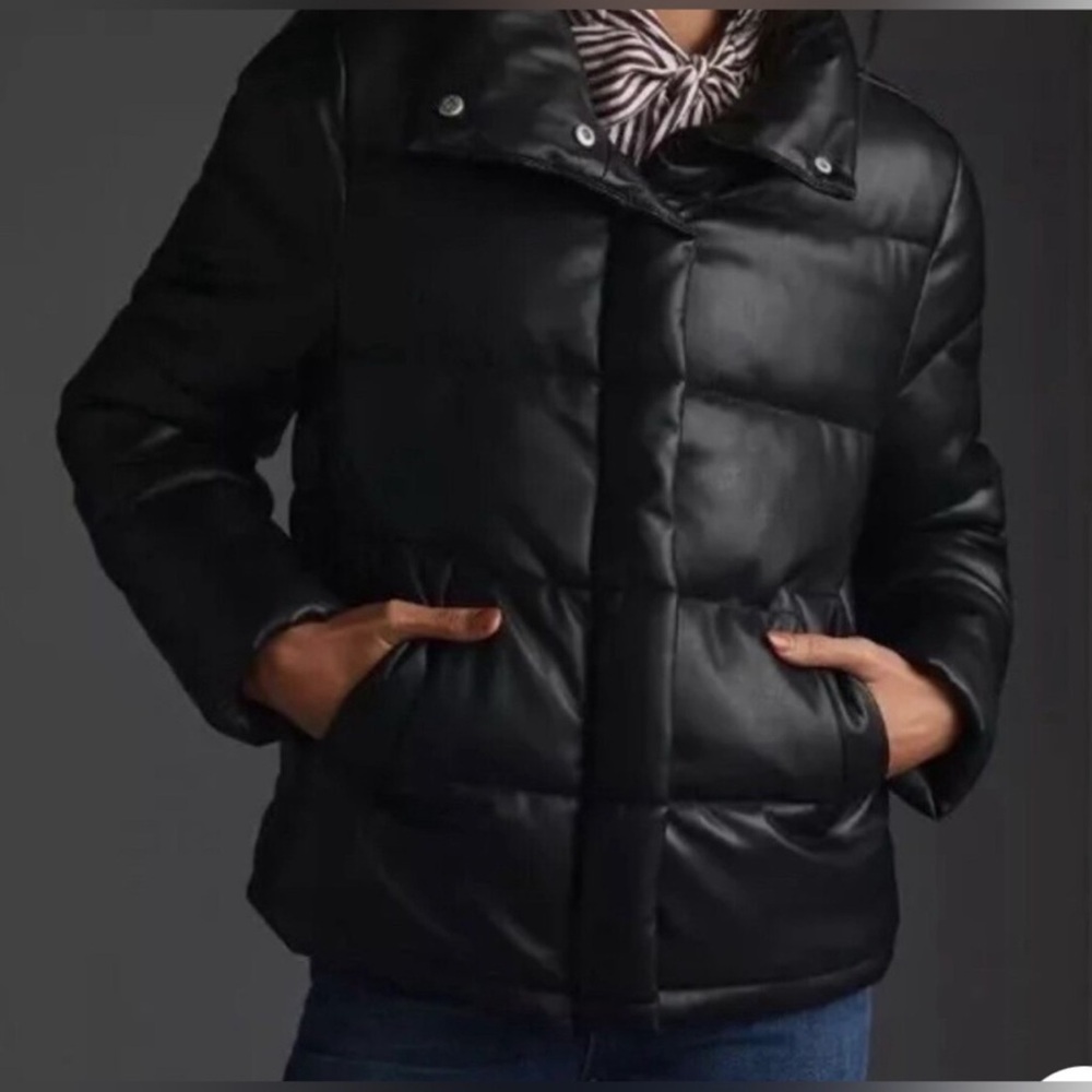 7 For All Mankind Solid Black Vegan Leather Puffer Jacket Small